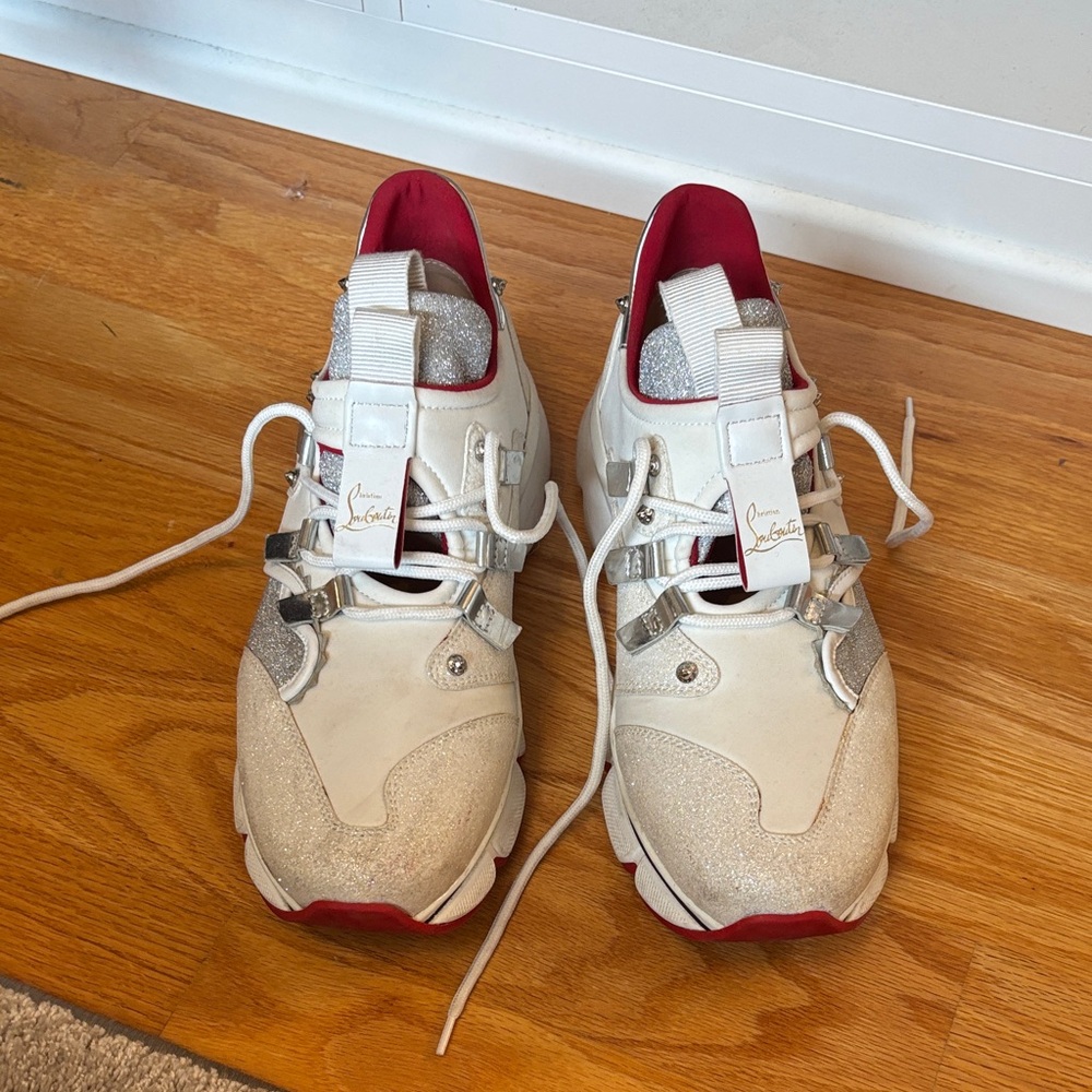 Christian Louboutin White and Silver Sneakers